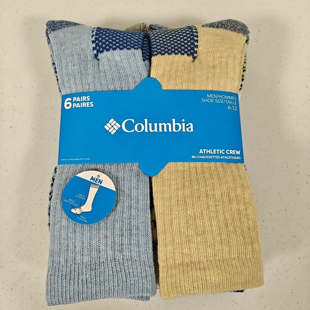 Columbia Athletic Crew Socks 6 Pairs Multicolor Mens Size 6-12 Blue Tan White